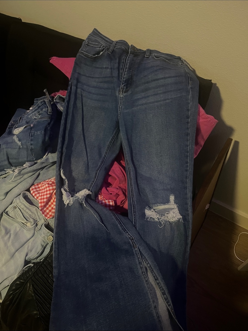 Cello Women's Straight Leg Distressed Dark Blue Jeans